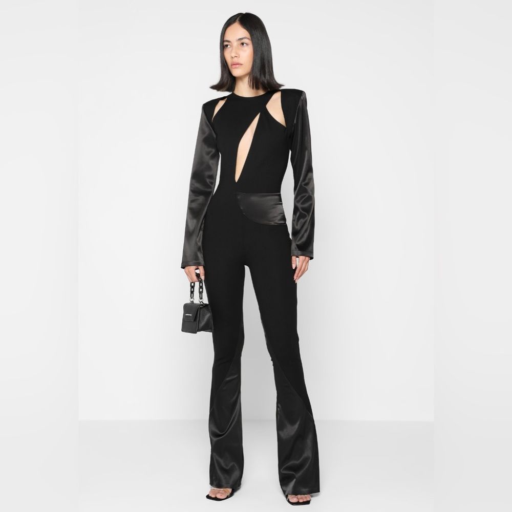 MANIERE DE VOIR SATIN AND BANDAGE FLARED JUMPSUIT - BLACK NWT US SIZE 10/ UK 14